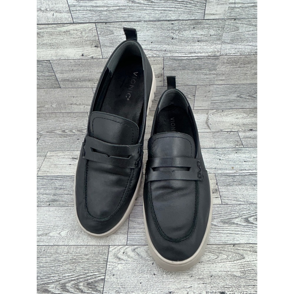 Vionic Uptown Black Leather Penny Loafer Lug Sole Platform Sneakers Women Sz 10